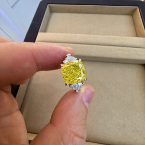 18k Gold Cushion Lab-Grown Three Stones Yellow Diamond Ring